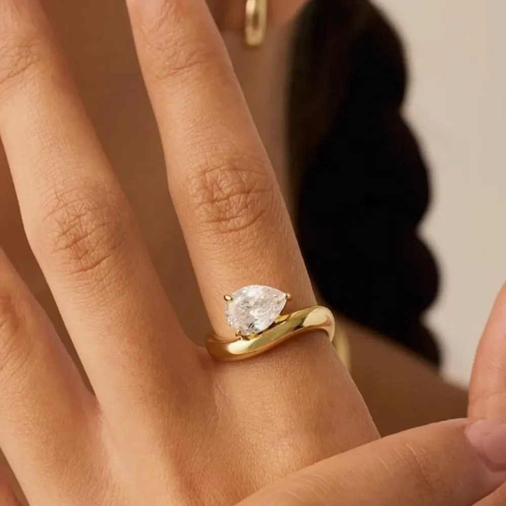 14K Yellow Gold Wavy Diamond Engagement Ring Pear Cut Solitaire Statement Ring